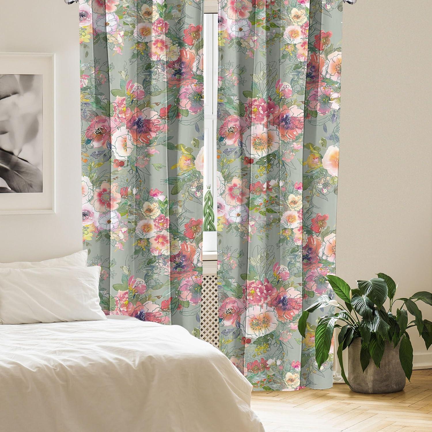 imageAmbesonne Flower Print Curtains Blurry Effect Spring Blossoms Floral Branches Vintage Romance Window Treatments 2 Panel Set for Living Room Bedroom Pair of 28 x 95 Rose Pink and Fern GreenSage Green Multicolor