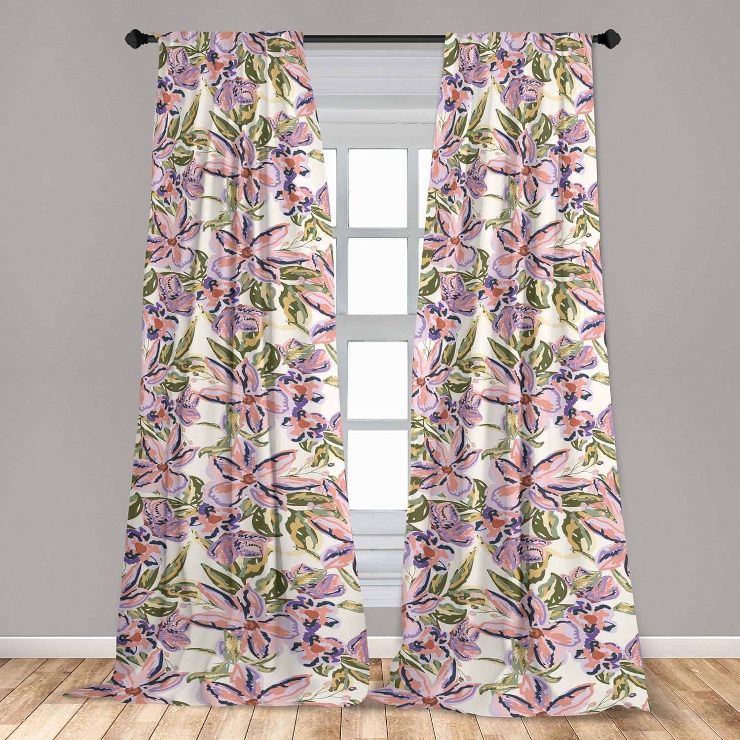 imageAmbesonne Flower Print Curtains Blurry Effect Spring Blossoms Floral Branches Vintage Romance Window Treatments 2 Panel Set for Living Room Bedroom Pair of 28 x 95 Rose Pink and Fern GreenIvory and Multicolor