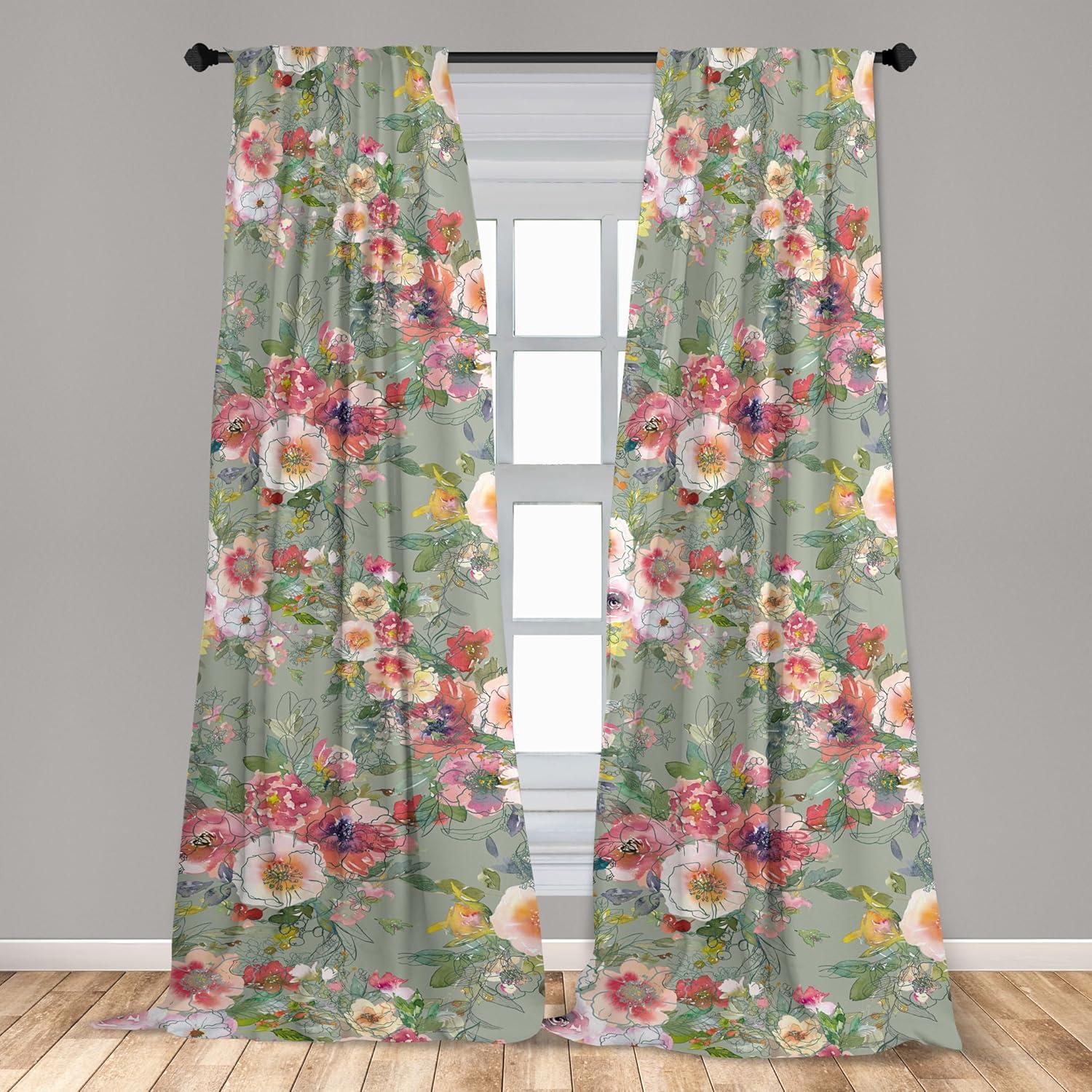 imageAmbesonne Flower Print Curtains Blurry Effect Spring Blossoms Floral Branches Vintage Romance Window Treatments 2 Panel Set for Living Room Bedroom Pair of 28 x 95 Rose Pink and Fern GreenSage Green Multicolor
