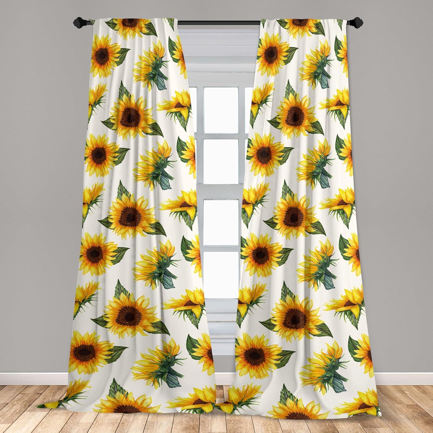 imageAmbesonne Nature Curtains Repetitive Sunflowers Leaves Floral Art on a Plain Background Window Treatments 2 Panel Set for Living Room Bedroom Pair of 28 x 84 Earth Yellow and Olive GreenEarth Yellow and Olive Green