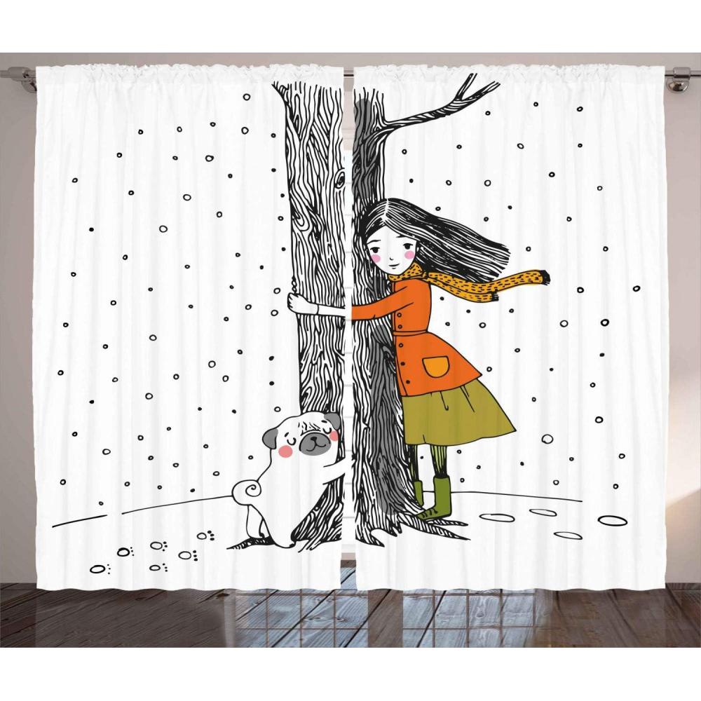 imageAmbesonne Dog Curtains Young Female Pug Dog Holding a Tree in the Snowy Weather Inspired by Winter Season Style of Illustration Living Room Bedroom Window Drapes 2 Panel Set 108 X 63 Black White