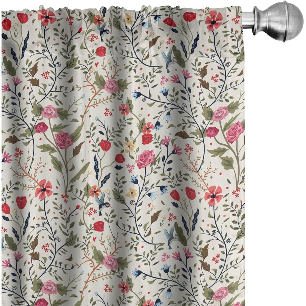 imageAmbesonne Floral Curtains Vibrant Colored Complex Image Birds with Roses Leaves and Polka Dots Nature Scenery Window Treatments 2 Panel Set for Living Room Bedroom Pair of  28 x 84 Pink Cream