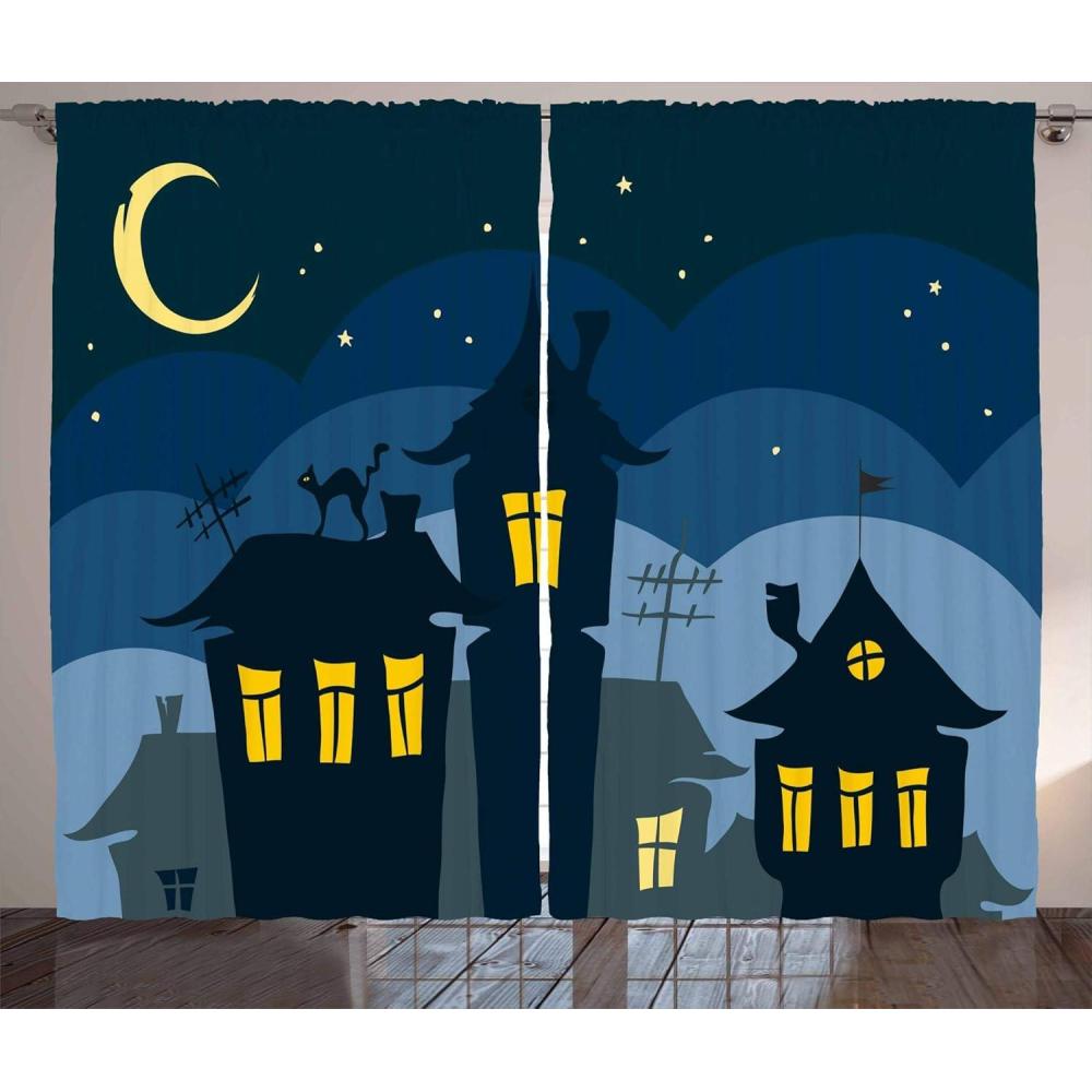 imageAmbesonne Halloween Curtains Old Town with Cat on The Roof Night Sky Moon and Stars Houses Cartoon Art Living Room Bedroom Window Drapes 2 Panel Set 108 X 63 Yellow Black