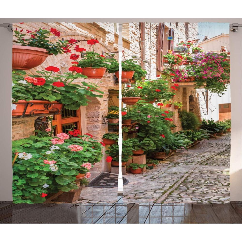 imageAmbesonne Italian Curtains Street View of a Small Renaissance Town with Floral Porches and Rock Mediterranean Living Room Bedroom Window Drapes 2 Panel Set 108 X 84 Pale Brown