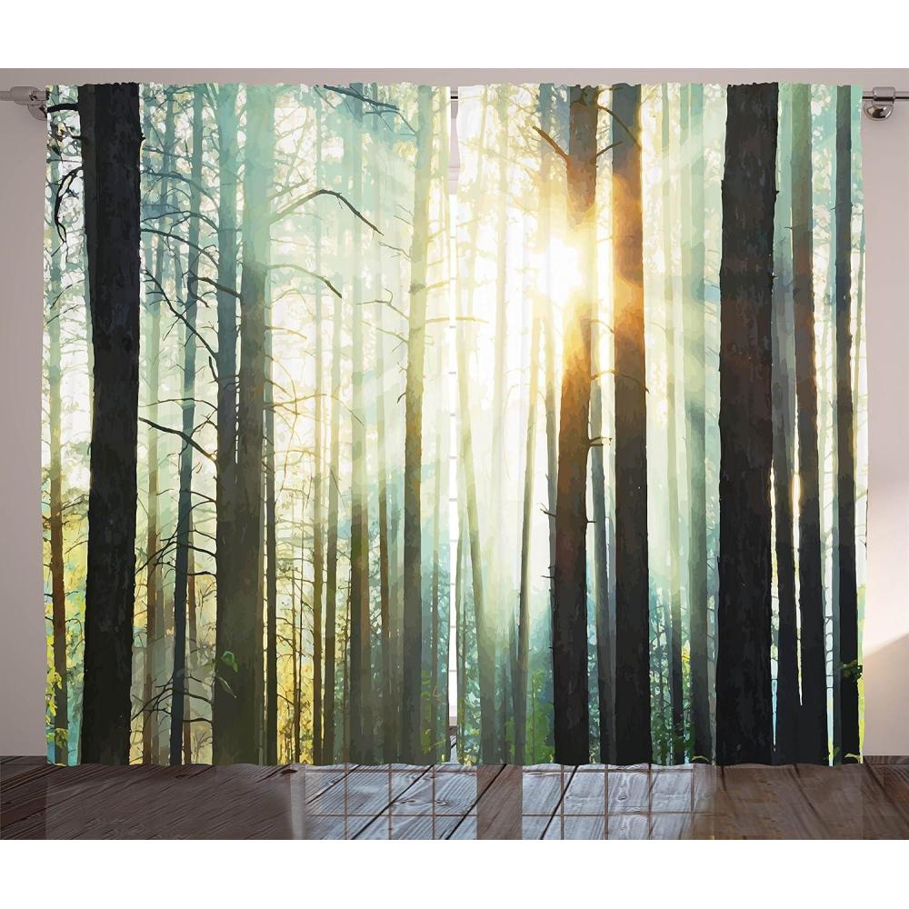 imageAmbesonne Nature Curtains Mist in The Enchanted Forest with Sunbeams Painting Effect Digital Art Image Living Room Bedroom Window Drapes 2 Panel Set 108 X 63 Brown Seafoam