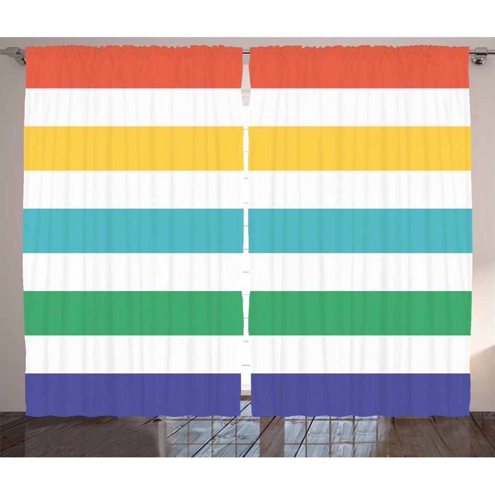 imageAmbesonne Striped Curtains Rainbow Colored and White Fun Horizontal Lines Room Red Yellow Blue Green Art Living Room Bedroom Window Drapes 2 Panel Set 108 X 84 Rainbow Colors