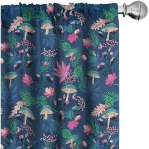 Ambesonne Botany Curtains, Exotic Forest Flower Mushroom Leaf Pine Nuts Oak Bluebell Berry, Window Treatments 2 Panel Set for Living Room Bedroom, Pair of – 28″ x 63″, Jade Green Night Blue(Jade Green Night Blue)
