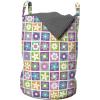Ambesonne Floral Laundry Bag, Rhythmic Flowers in Squares Various Motif 90’s Cartoon Style Illustration Print, Hamper Basket with Handles Drawstring Closure for Laundromats, 13″ x 19″, Multicolor