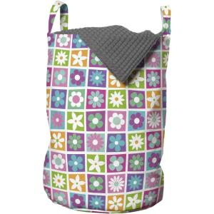 Ambesonne Floral Laundry Bag, Rhythmic Flowers in Squares Various Motif 90’s Cartoon Style Illustration Print, Hamper Basket with Handles Drawstring Closure for Laundromats, 13″ x 19″, Multicolor
