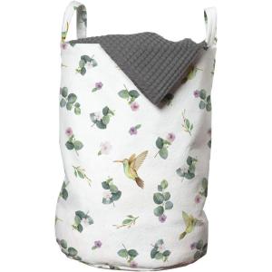 Ambesonne Hummingbird Laundry Bag, Vernal Eucalyptus Leaves Flowers Flying Birds Isolated Repeating Pattern, Hamper Basket with Handles Drawstring Closure for Laundromats, 13″ x 19″, White Multicolor