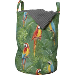 Ambesonne Jungle Laundry Bag, Green Rainforest Background with Colorful Parrot Birds Floral Summer Aloha, Hamper Basket with Handles Drawstring Closure for Laundromats, 13″ x 19″, Multicolor