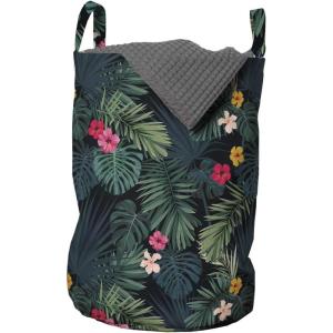 Ambesonne Tropical Laundry Bag, Realistic Rainforest Flora Hibiscus Flowers Monstera Leaves Untouched Paradise, Hamper Basket with Handles Drawstring Closure for Laundromats, 13″ x 19″, Multicolor