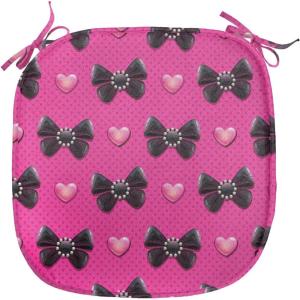 Ambesonne Pearls Chair Seating Cushion Set of 6, Bow Ties with Hearts Feminine Valentines Day Romantic Theme with Dotted Background, Anti-Slip Seat Padding for Kitchen & Patio, 16″x16″, Pink Black(Pink Black)