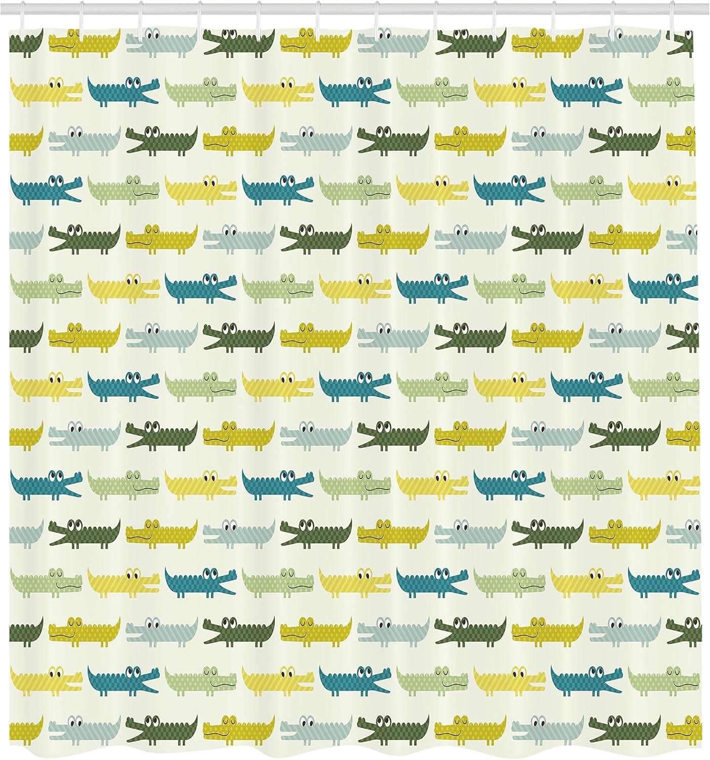imageAmbesonne Animal Shower Curtain Crocodile Characters in Cartoon Style Funny Faces Animal Alligators Cloth Fabric Bathroom Decor Set with Hooks 69 W x 75 L Yellow Green Teal