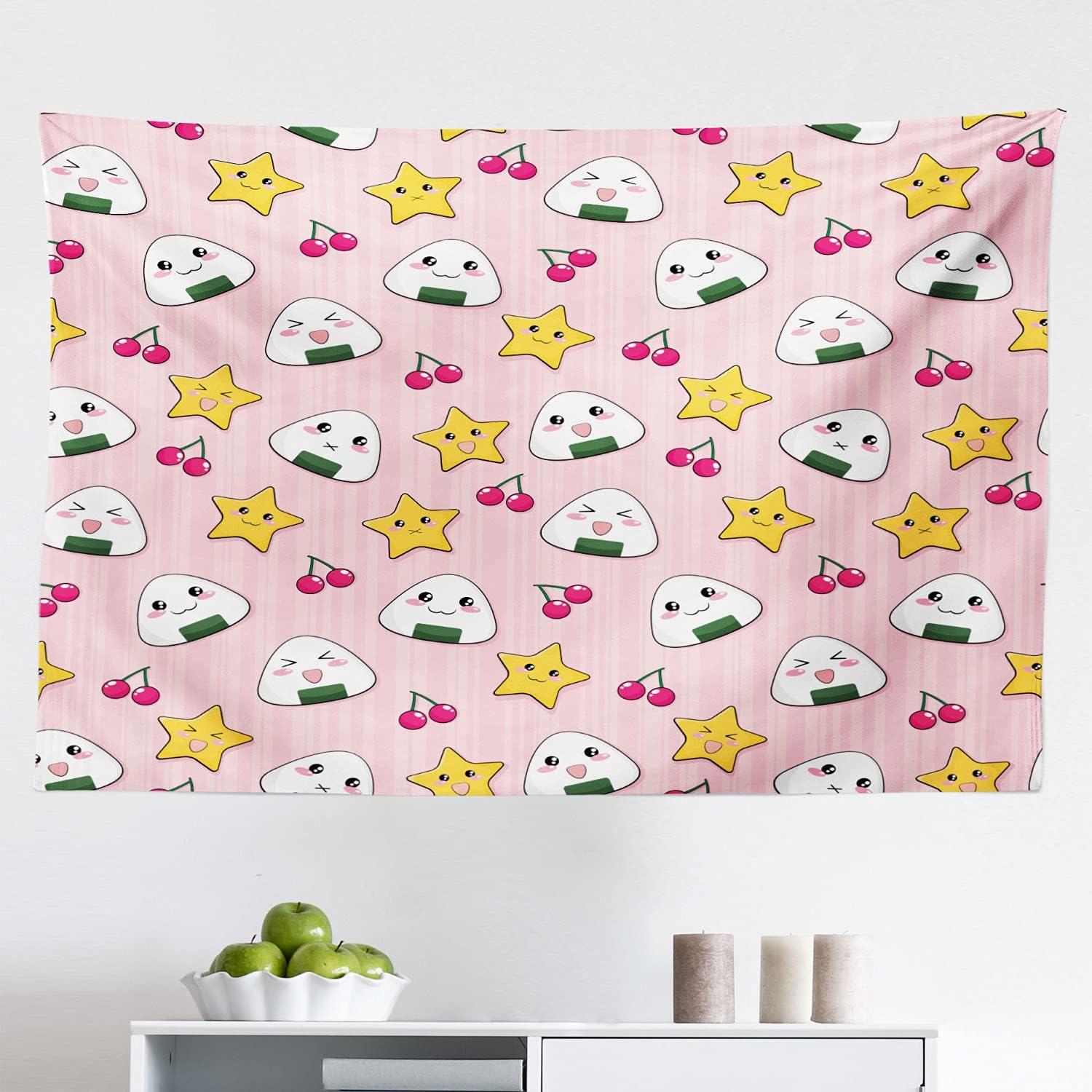 imageAmbesonne Anime Tapestry Happy Crying Cartoon Rice Balls Cherries Stars Pattern on Stripes Art Fabric Wall Hanging Decor for Bedroom Living Room Dorm 28 X 23 Pink Yellow and WhitePink Yellow and White
