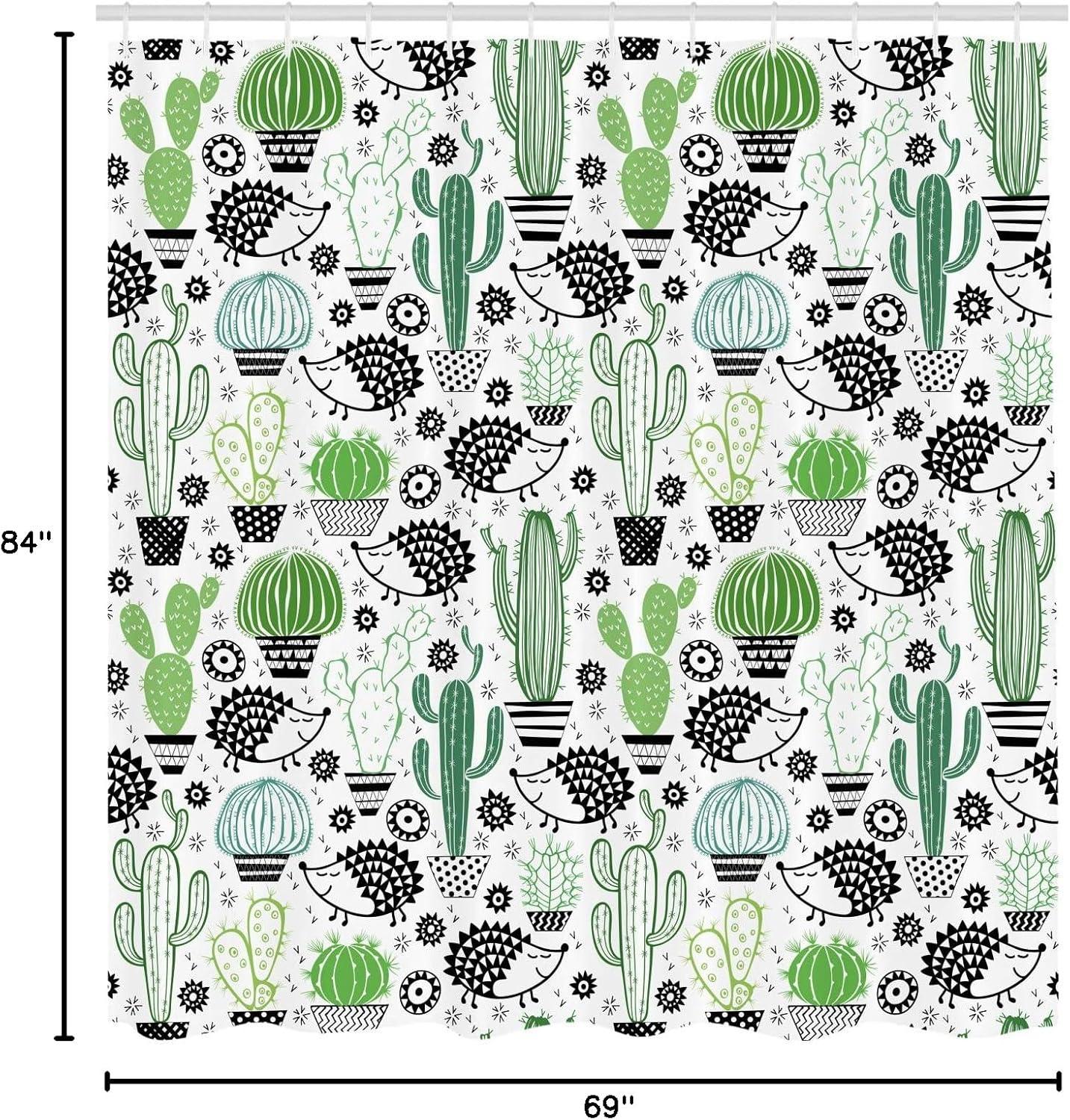 imageAmbesonne Cactus Shower Curtain Cartoon Style Inspired Drawing of Hedgehog Animals Saguaro and Prickly Pear Cloth Fabric Bathroom Decor Set with Hooks 69 W x 84 L Dark Grey Green