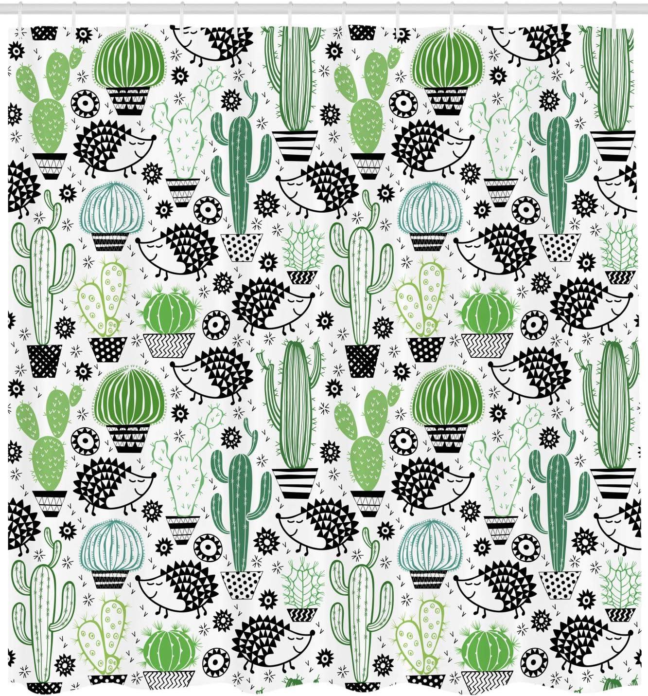 imageAmbesonne Cactus Shower Curtain Cartoon Style Inspired Drawing of Hedgehog Animals Saguaro and Prickly Pear Cloth Fabric Bathroom Decor Set with Hooks 69 W x 84 L Dark Grey Green