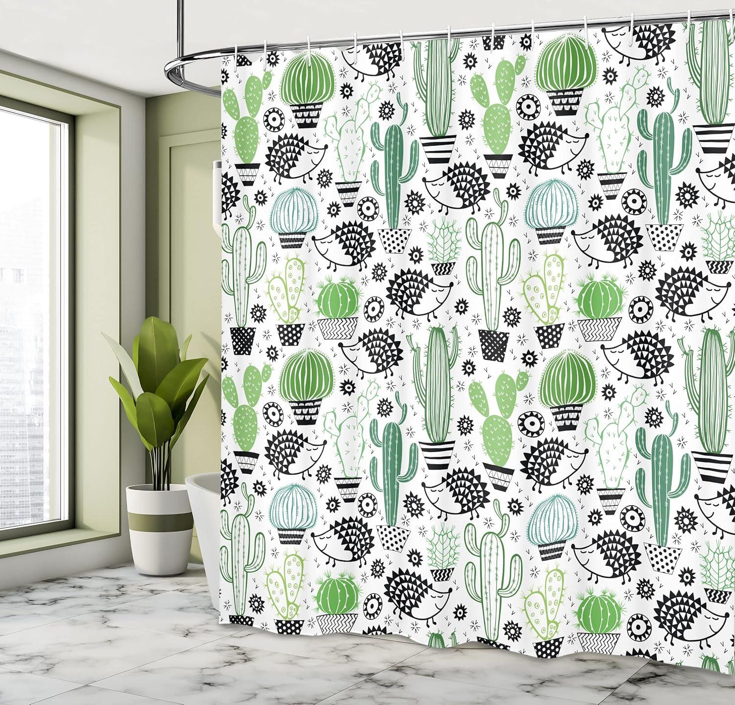 imageAmbesonne Cactus Shower Curtain Cartoon Style Inspired Drawing of Hedgehog Animals Saguaro and Prickly Pear Cloth Fabric Bathroom Decor Set with Hooks 69 W x 84 L Dark Grey Green