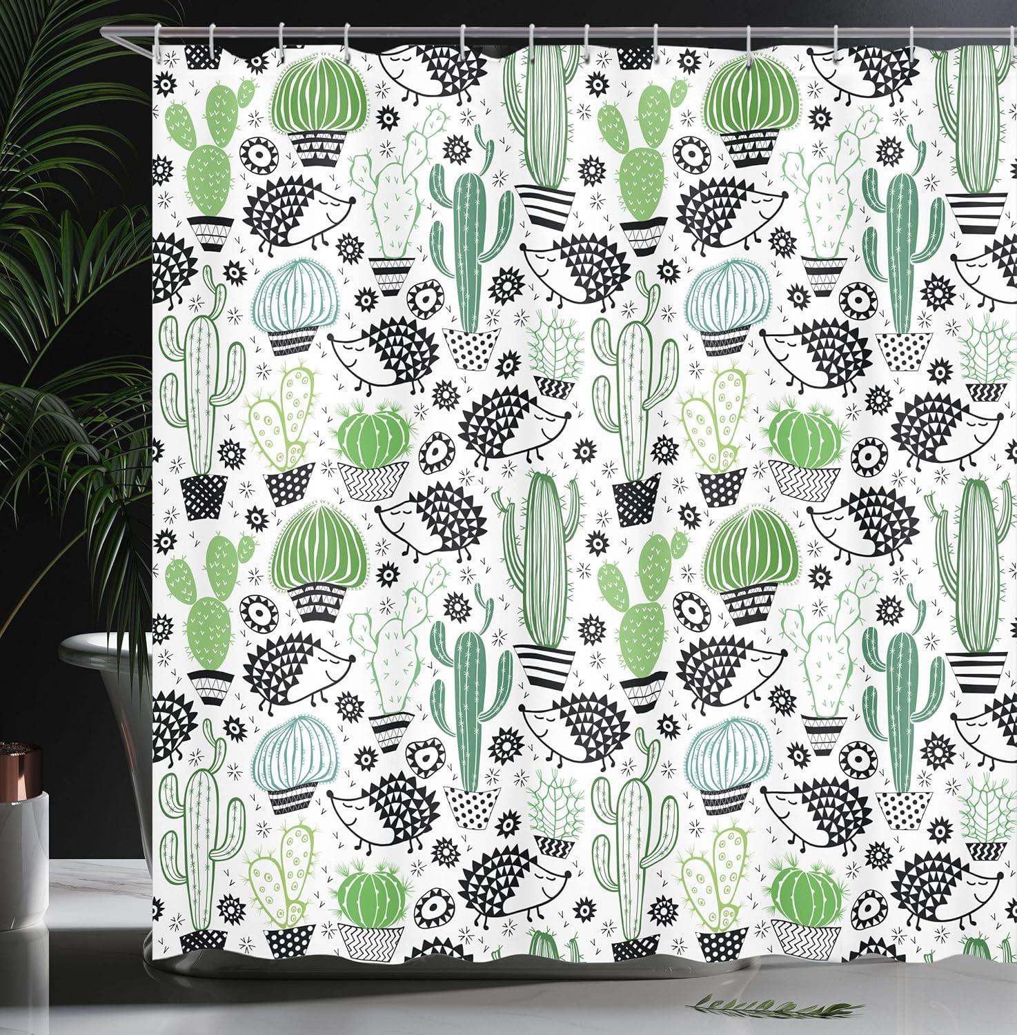 imageAmbesonne Cactus Shower Curtain Cartoon Style Inspired Drawing of Hedgehog Animals Saguaro and Prickly Pear Cloth Fabric Bathroom Decor Set with Hooks 69 W x 84 L Dark Grey Green