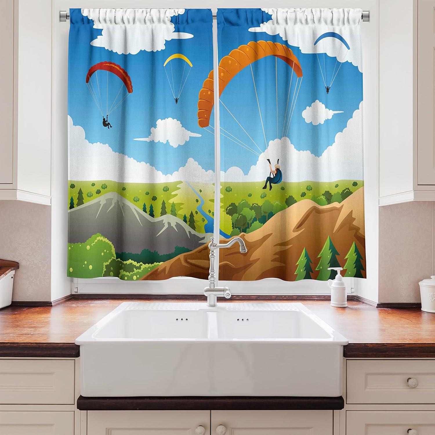 imageAmbesonne Cartoon Kitchen Curtains Parachute Landscape Mountain River Clouds Palm Trees Kids Nursery Image Landscape Window Drapes 2 Panel Set for Kitchen Cafe Decor 55 X 39 BlueBlue