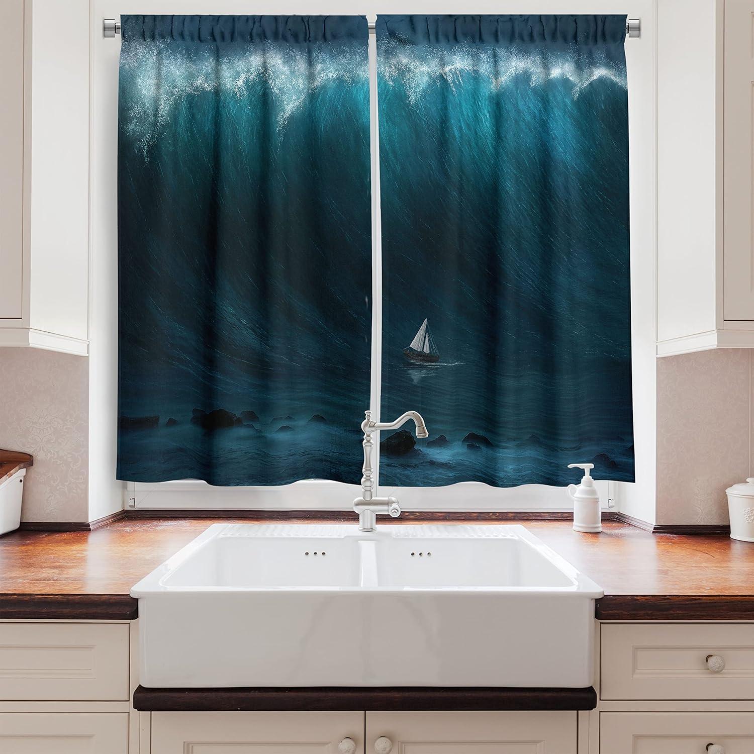 imageAmbesonne Cartoon Kitchen Curtains Parachute Landscape Mountain River Clouds Palm Trees Kids Nursery Image Landscape Window Drapes 2 Panel Set for Kitchen Cafe Decor 55 X 39 BlueBlue White