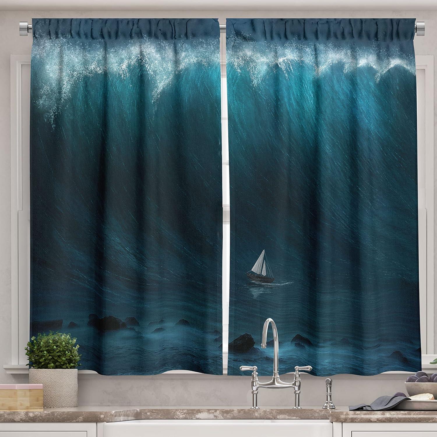 imageAmbesonne Cartoon Kitchen Curtains Parachute Landscape Mountain River Clouds Palm Trees Kids Nursery Image Landscape Window Drapes 2 Panel Set for Kitchen Cafe Decor 55 X 39 BlueBlue White