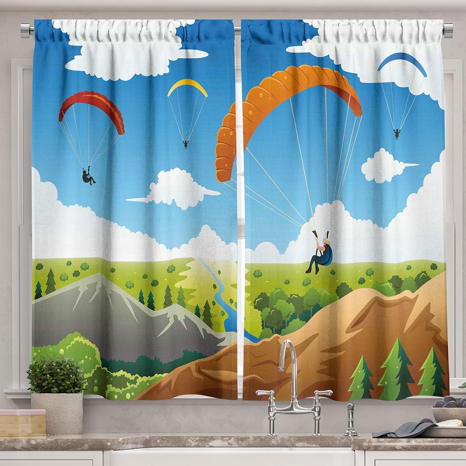 imageAmbesonne Cartoon Kitchen Curtains Parachute Landscape Mountain River Clouds Palm Trees Kids Nursery Image Landscape Window Drapes 2 Panel Set for Kitchen Cafe Decor 55 X 39 BlueBlue