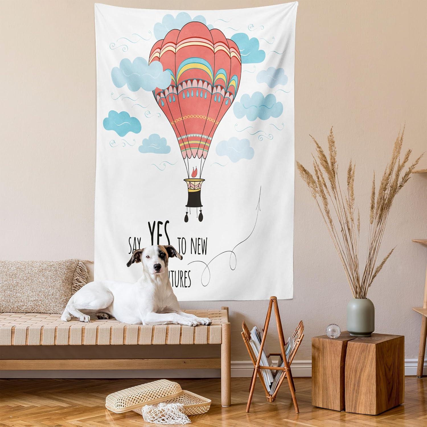 imageAmbesonne Cartoon Tapestry Inspirational Words Say Yes to New Adventures Hand Drawn Hot Air Balloon Wall Hanging for Bedroom Living Room Dorm Decor 60 X 80 Mint Pink