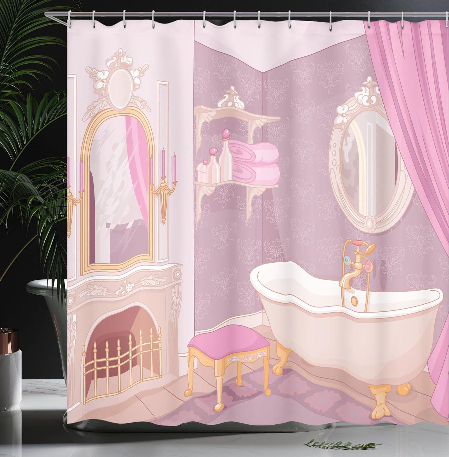 imageAmbesonne Feminine Shower Curtain Design in The Palace of The Cartoon Bathtub Cabinet Mirror Washroom Cloth Fabric Bathroom Decor Set with Hooks 69 W x 75 L Beige PinkBeige Pink