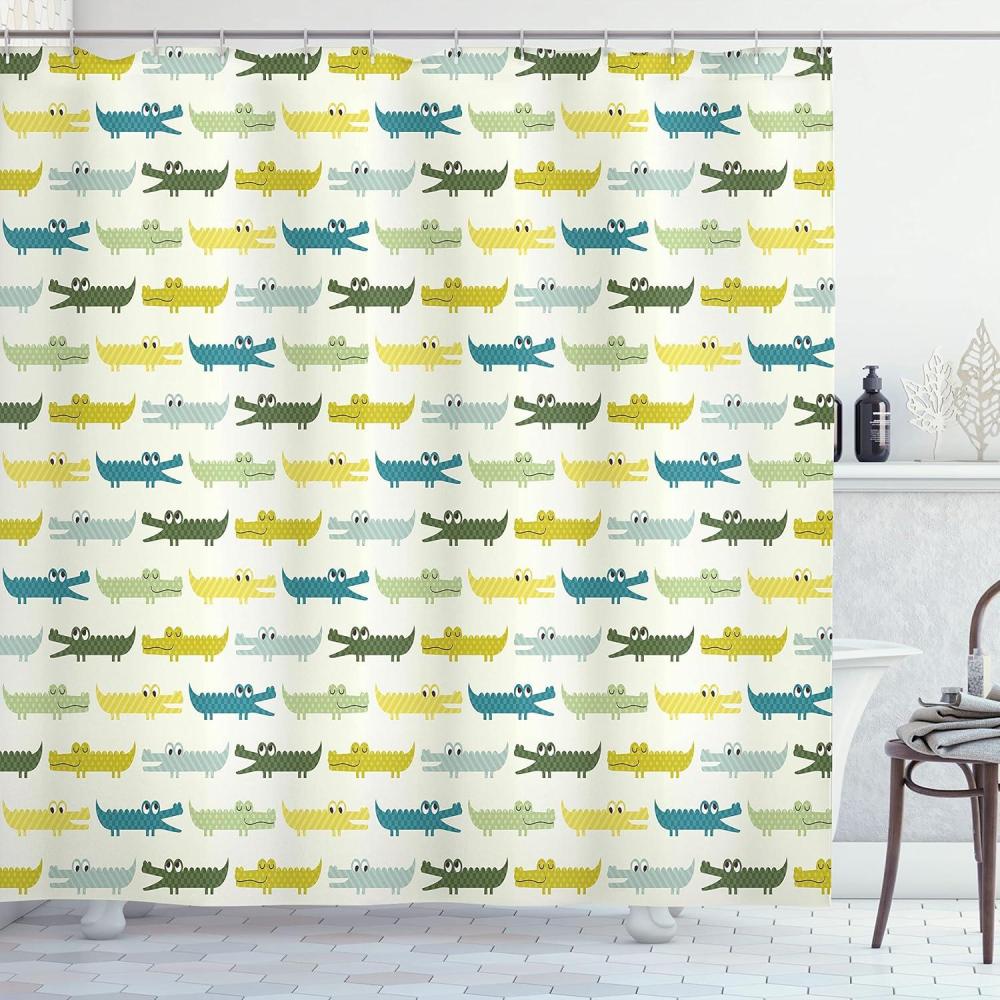 imageAmbesonne Animal Shower Curtain Crocodile Characters in Cartoon Style Funny Faces Animal Alligators Cloth Fabric Bathroom Decor Set with Hooks 69 W x 75 L Yellow Green Teal