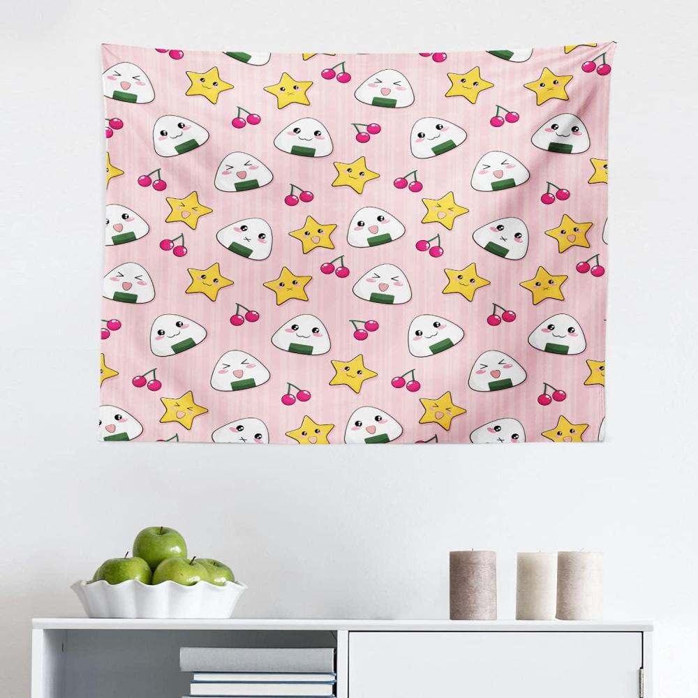 imageAmbesonne Anime Tapestry Happy Crying Cartoon Rice Balls Cherries Stars Pattern on Stripes Art Fabric Wall Hanging Decor for Bedroom Living Room Dorm 28 X 23 Pink Yellow and WhitePink Yellow and White