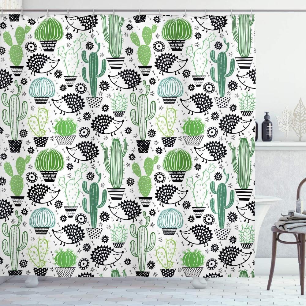 imageAmbesonne Cactus Shower Curtain Cartoon Style Inspired Drawing of Hedgehog Animals Saguaro and Prickly Pear Cloth Fabric Bathroom Decor Set with Hooks 69 W x 70 L Dark Grey Green