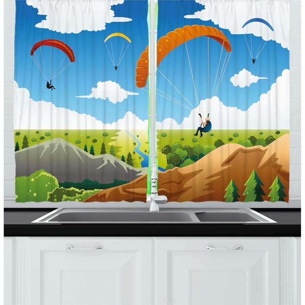 imageAmbesonne Cartoon Kitchen Curtains Parachute Landscape Mountain River Clouds Palm Trees Kids Nursery Image Landscape Window Drapes 2 Panel Set for Kitchen Cafe Decor 55 X 39 BlueBlue
