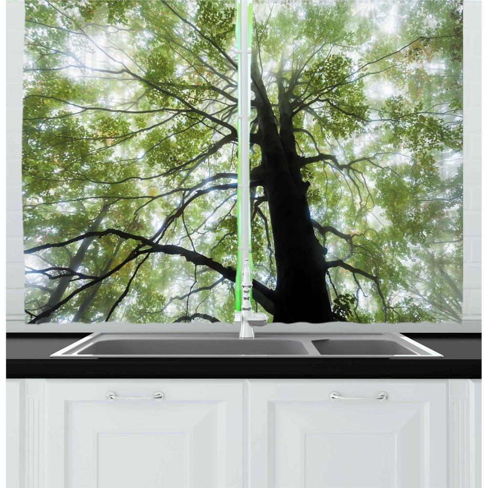 imageAmbesonne Cartoon Kitchen Curtains Parachute Landscape Mountain River Clouds Palm Trees Kids Nursery Image Landscape Window Drapes 2 Panel Set for Kitchen Cafe Decor 55 X 39 BlueBrown Green