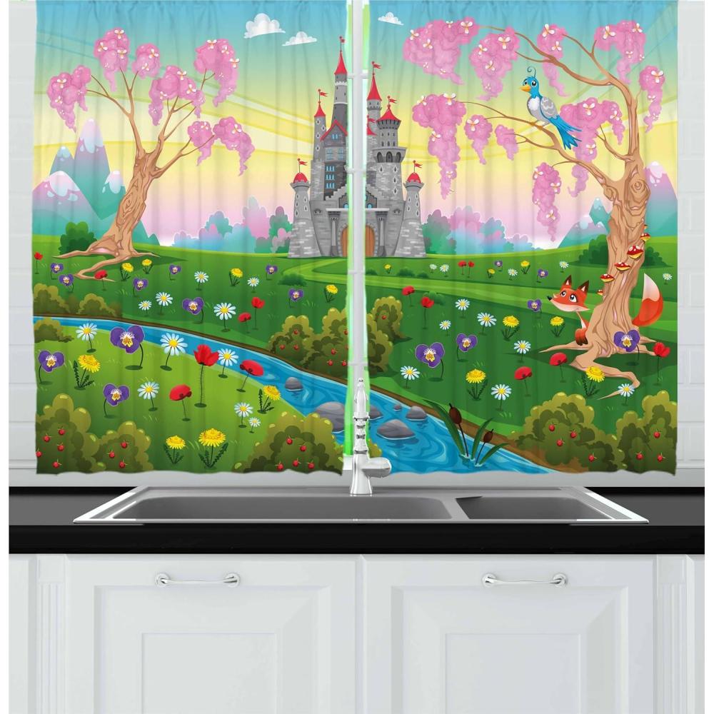 imageAmbesonne Cartoon Kitchen Curtains Parachute Landscape Mountain River Clouds Palm Trees Kids Nursery Image Landscape Window Drapes 2 Panel Set for Kitchen Cafe Decor 55 X 39 BluePink Blue
