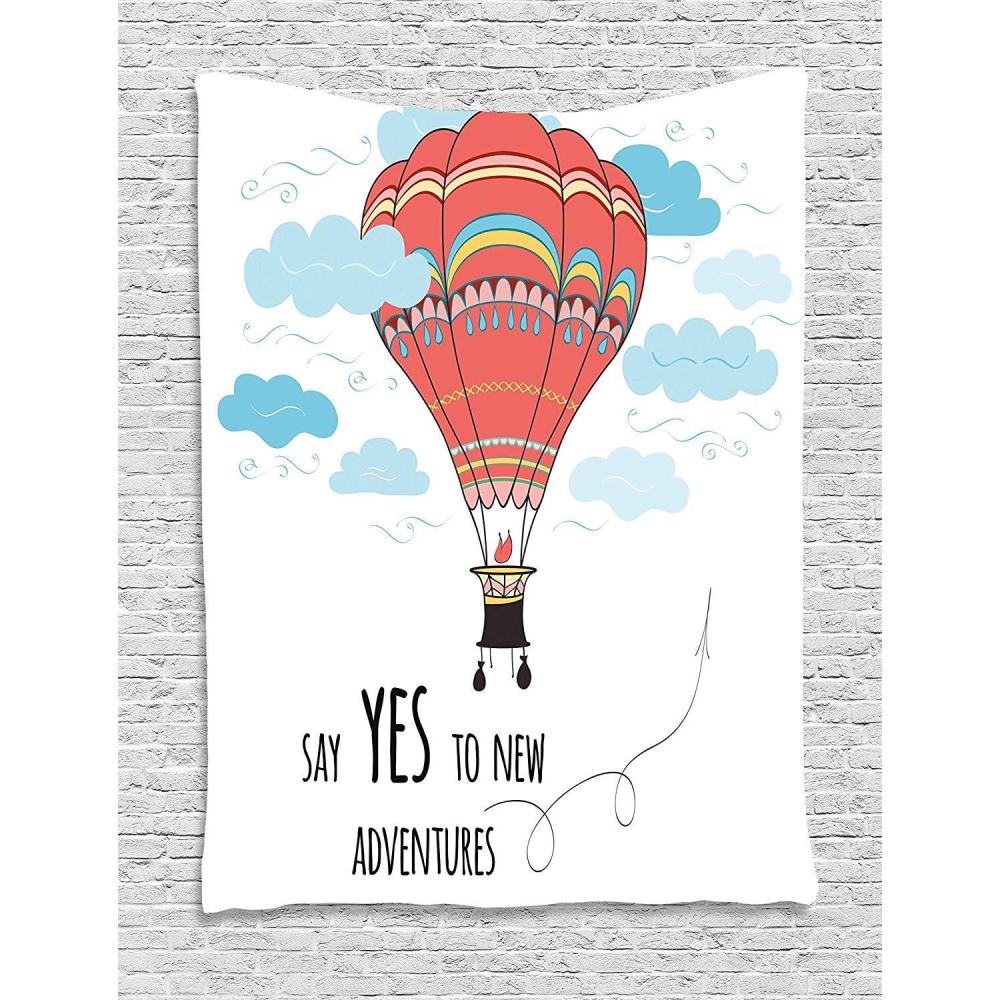 imageAmbesonne Cartoon Tapestry Inspirational Words Say Yes to New Adventures Hand Drawn Hot Air Balloon Wall Hanging for Bedroom Living Room Dorm Decor 60 X 80 Mint Pink