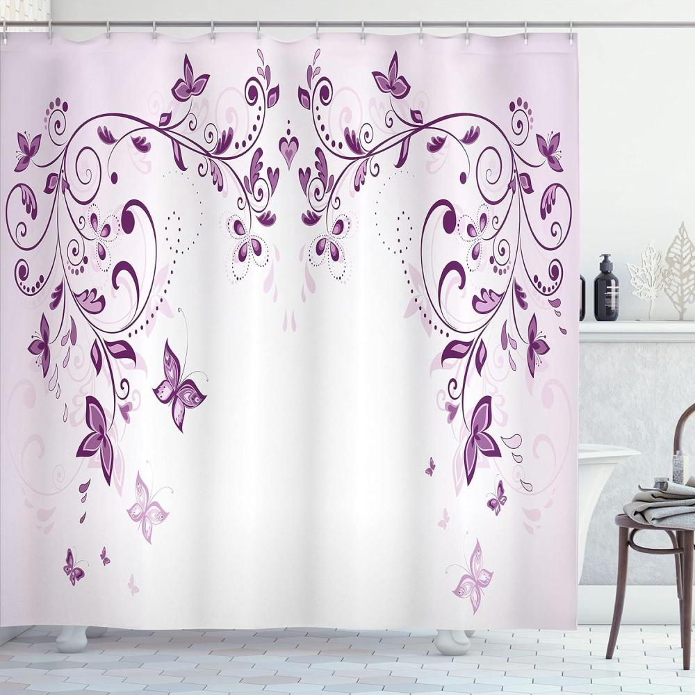 imageAmbesonne Feminine Shower Curtain Design in The Palace of The Cartoon Bathtub Cabinet Mirror Washroom Cloth Fabric Bathroom Decor Set with Hooks 69 W x 75 L Beige PinkViolet
