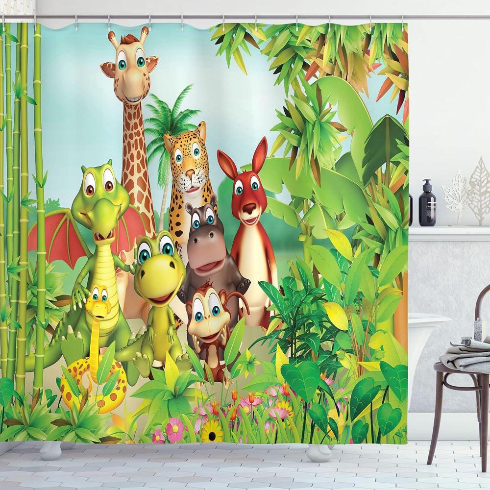 imageAmbesonne Feminine Shower Curtain Design in The Palace of The Cartoon Bathtub Cabinet Mirror Washroom Cloth Fabric Bathroom Decor Set with Hooks 69 W x 75 L Beige PinkGreen