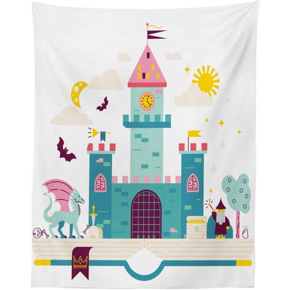 imageAmbesonne Magic Tapestry King Size Theme Detailed Magic Kingdom Castle Dragon Wizard Sun Moon Bats Cartoon Style Wall Hanging Bedspread Bed Cover Wall Decor 30 X 45 Multicolor68 X 88