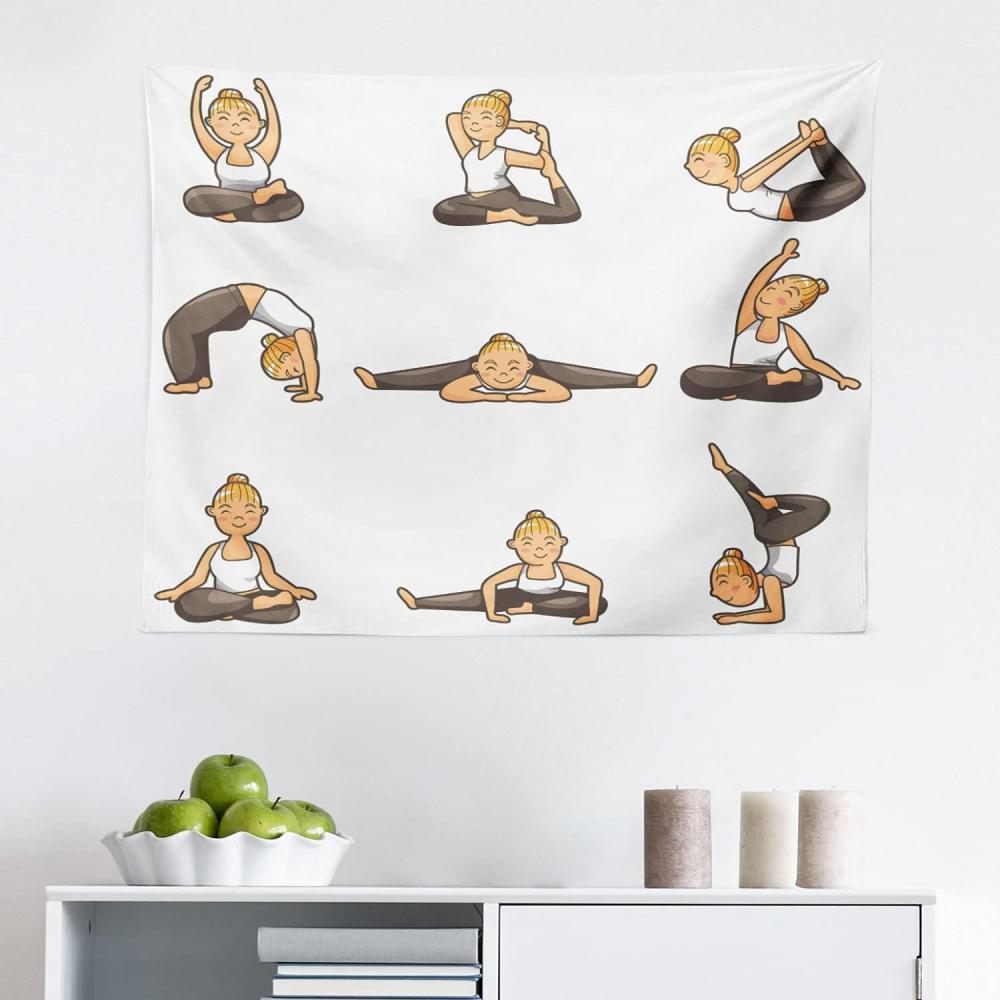 imageAmbesonne Sports Theme Tapestry Cartoon Scene of Happy Young Lady Doing Poses of Calm Exercise Fabric Wall Hanging Decor for Bedroom Living Room Dorm 28 X 23 Taupe White and Dark PeachMulticolor