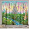 Ambesonne Cartoon Kitchen Curtains, Parachute Landscape Mountain River Clouds Palm Trees Kids Nursery Image Landscape, Window Drapes 2 Panel Set for Kitchen Cafe Decor, 55″ X 39″, Blue(Pink Blue)