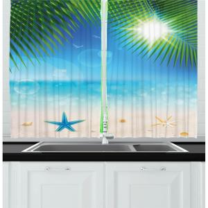 Ambesonne Cartoon Kitchen Curtains, Parachute Landscape Mountain River Clouds Palm Trees Kids Nursery Image Landscape, Window Drapes 2 Panel Set for Kitchen Cafe Decor, 55″ X 39″, Blue(Blue Green)