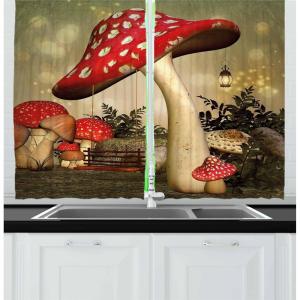 Ambesonne Cartoon Kitchen Curtains, Parachute Landscape Mountain River Clouds Palm Trees Kids Nursery Image Landscape, Window Drapes 2 Panel Set for Kitchen Cafe Decor, 55″ X 39″, Blue(Green Ivory)