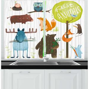 Ambesonne Cartoon Kitchen Curtains, Parachute Landscape Mountain River Clouds Palm Trees Kids Nursery Image Landscape, Window Drapes 2 Panel Set for Kitchen Cafe Decor, 55″ X 39″, Blue(Yellow Green)
