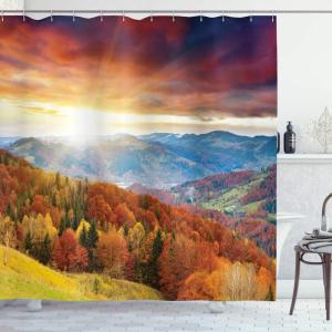 Ambesonne Feminine Shower Curtain, Design in The Palace of The Cartoon Bathtub Cabinet Mirror Washroom, Cloth Fabric Bathroom Decor Set with Hooks, 69″ W x 75″ L, Beige Pink(Yellow Orange)