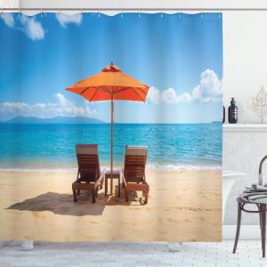 Ambesonne Feminine Shower Curtain, Design in The Palace of The Cartoon Bathtub Cabinet Mirror Washroom, Cloth Fabric Bathroom Decor Set with Hooks, 69″ W x 75″ L, Beige Pink(Sand Brown Sky Blue)