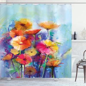 Ambesonne Feminine Shower Curtain, Design in The Palace of The Cartoon Bathtub Cabinet Mirror Washroom, Cloth Fabric Bathroom Decor Set with Hooks, 69″ W x 75″ L, Beige Pink(Blue Purple)