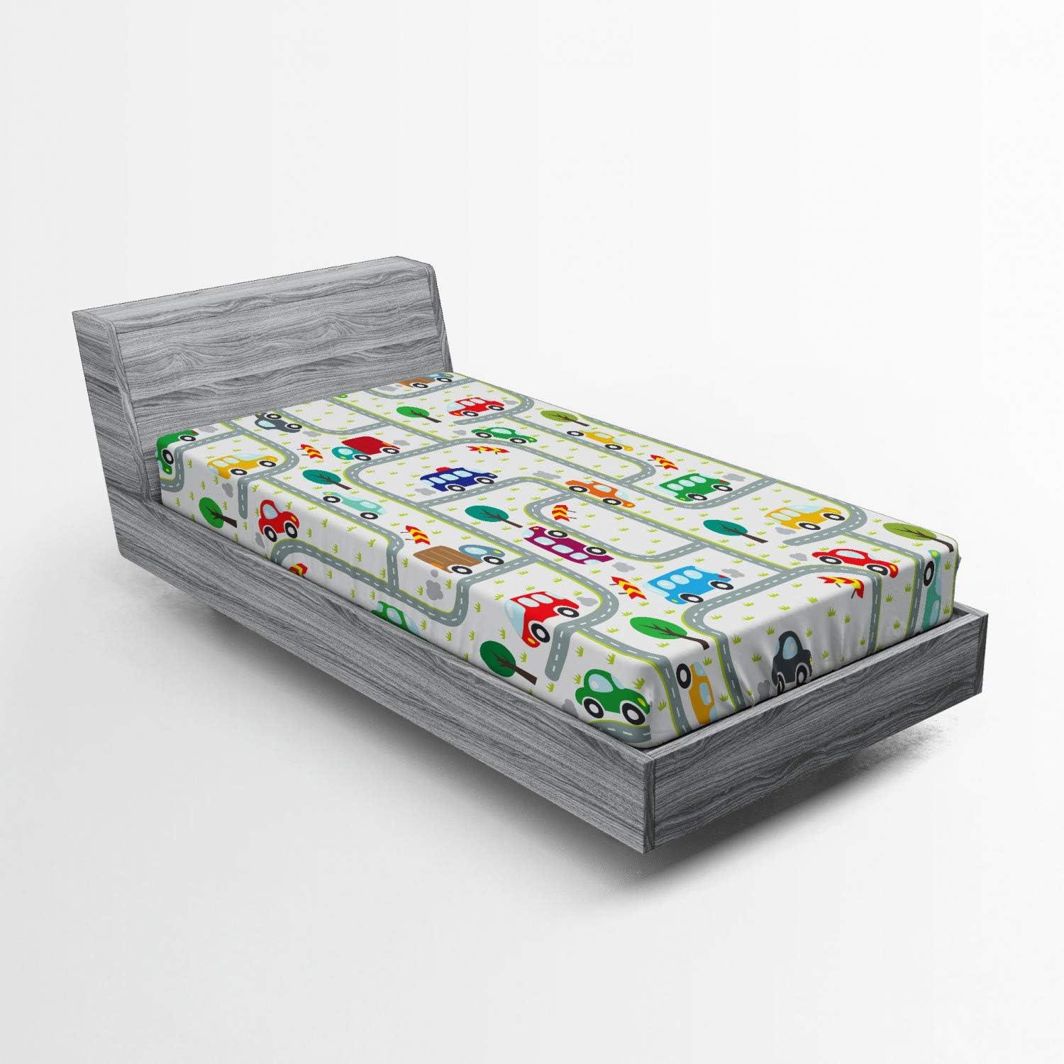 imageAmbesonne Cars Fitted Sheet Vibrant Drawing Cars Driving on The Roads Traffic Urban Themed Design Bed Cover with AllRound Elastic Deep Pocket for Comfort Full Size Grey GreenGrey Green