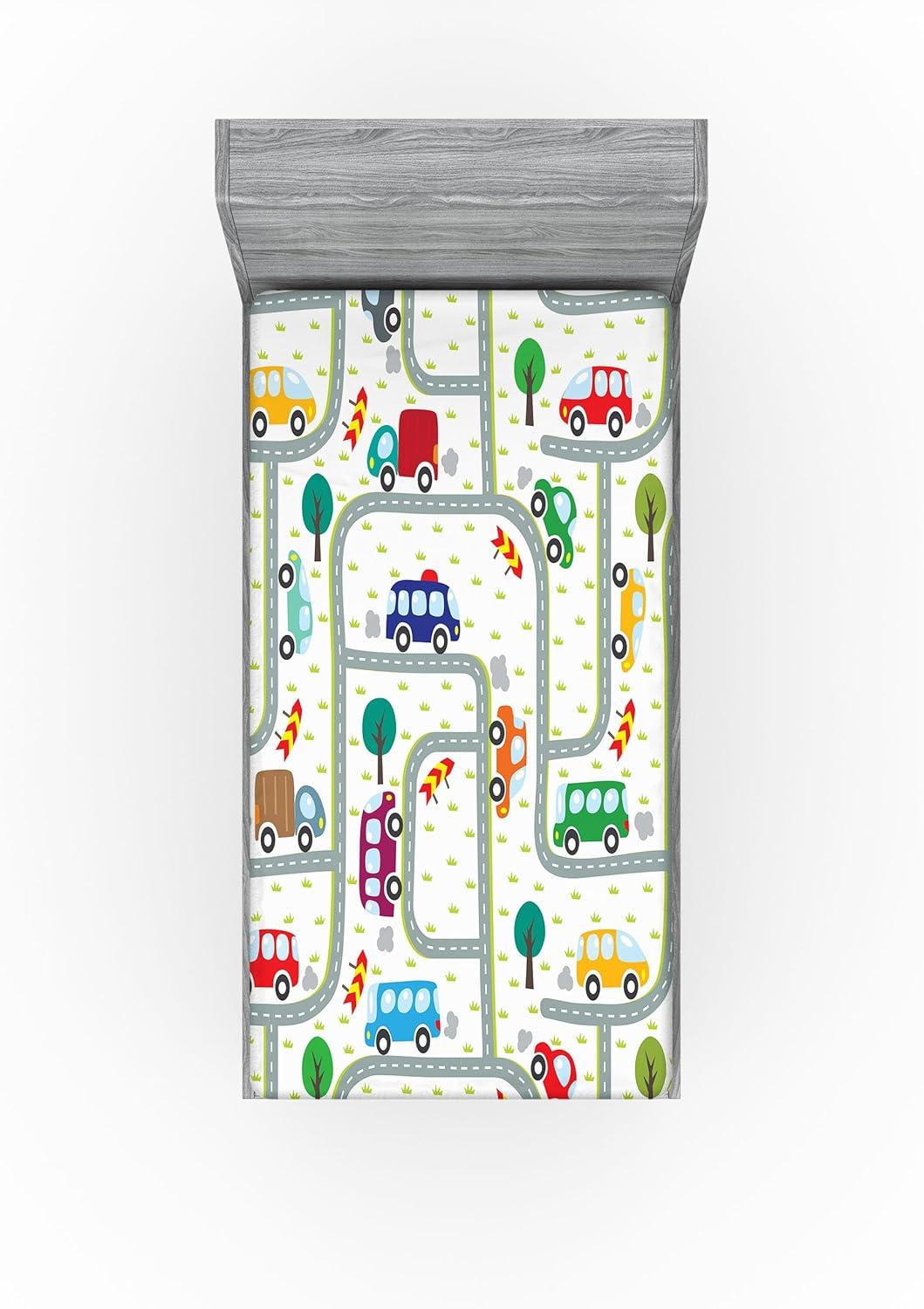 imageAmbesonne Cars Fitted Sheet Vibrant Drawing Cars Driving on The Roads Traffic Urban Themed Design Bed Cover with AllRound Elastic Deep Pocket for Comfort Full Size Grey GreenGrey Green
