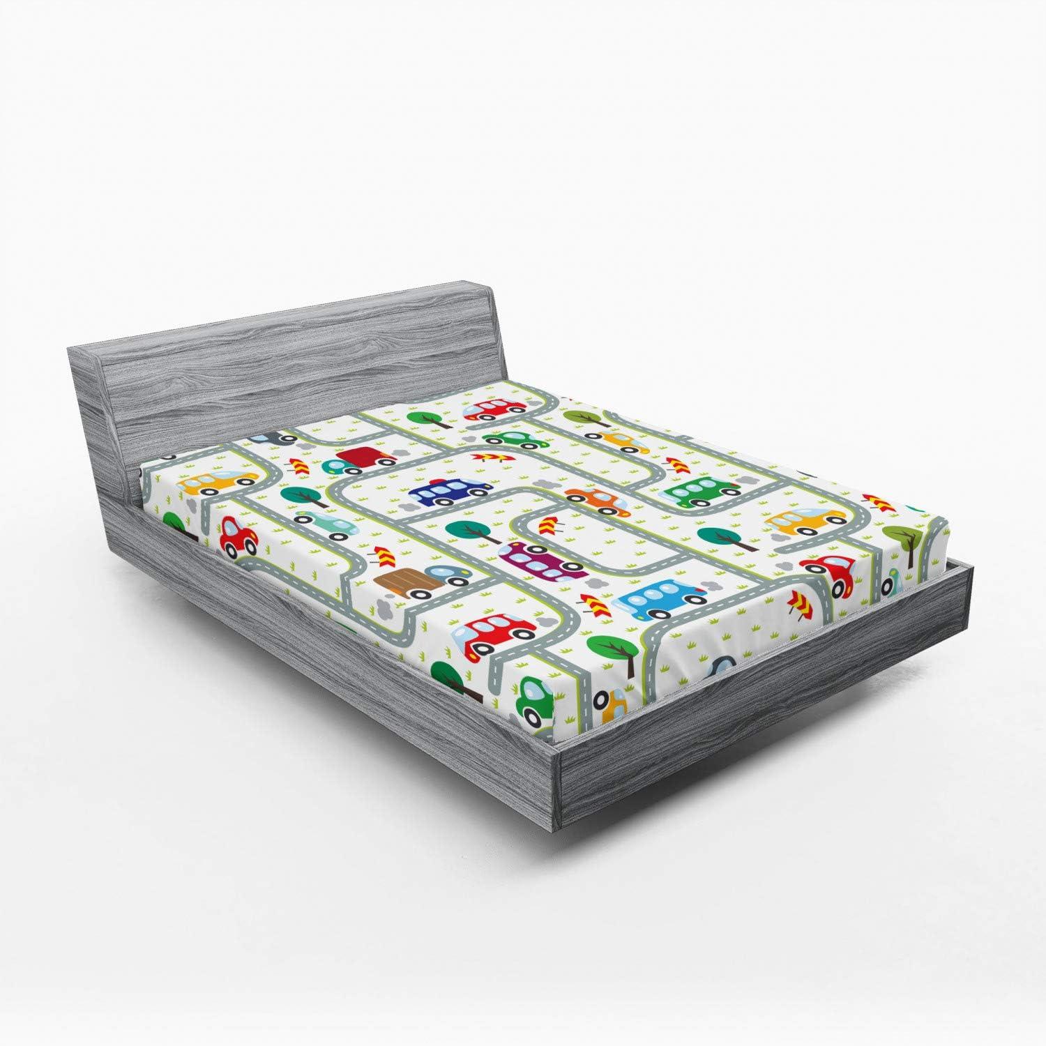 imageAmbesonne Cars Fitted Sheet Vibrant Drawing Cars Driving on The Roads Traffic Urban Themed Design Bed Cover with AllRound Elastic Deep Pocket for Comfort Full Size Grey GreenGrey Green